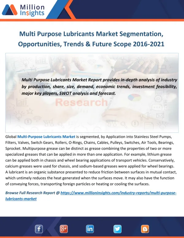 Multi Purpose Lubricants Market Segmentation, Opportunities, Trends & Future Scope 2016-2021