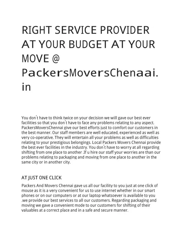 RIGHT SERVICE PROVIDER AT YOUR BUDGET AT YOUR MOVE @ PackersMoversChenaai.in