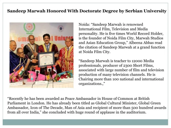 Sandeep Marwah Honored With Doctorate Degree by Serbian University