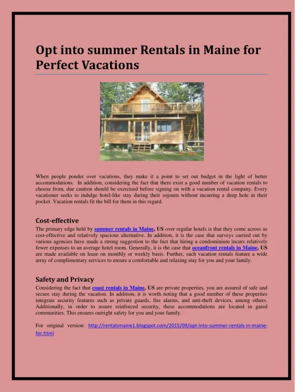 Opt into summer Rentals in Maine for Perfect Vacations