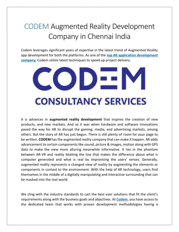 CODEM Augmented Reality Development Company Chennai India