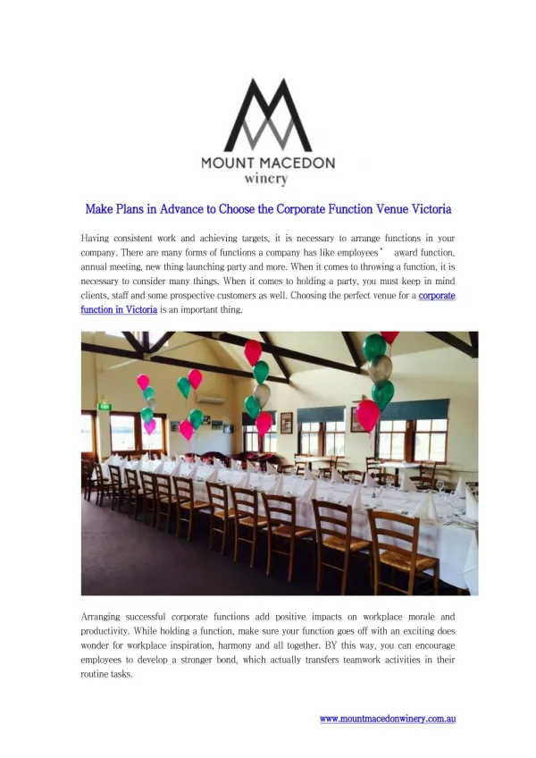 Make Plans in Advance to Choose the Corporate Function Venue Victoria