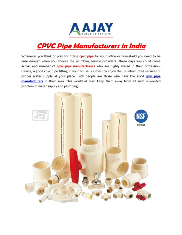 Significant of CPVC Pipes- Ajaypipes