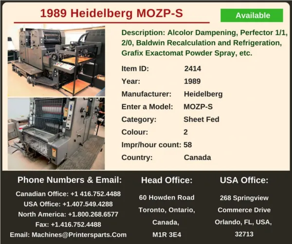 Buy Used 1989 MOZP-S Heidelberg Printing Presses Offset Machine
