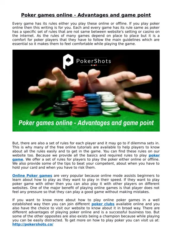 Poker games online - Advantages and game point