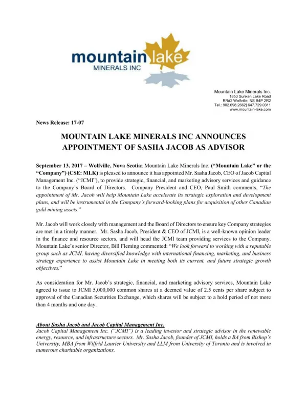 Mountain Lake Minerals Inc. Announces Appointment of Sasha Jacob as Advisor