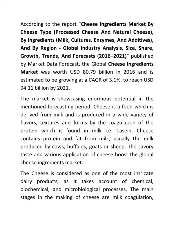 Cheese Ingredients Market predicted to rise to USD 94.11 billion by 2021