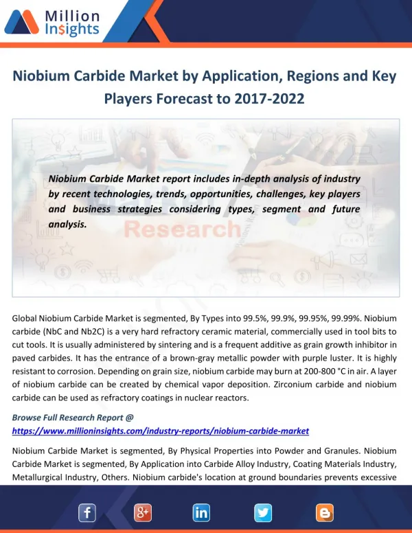 Niobium Carbide Market by Application, Regions and Key Players Forecast to 2017-2022