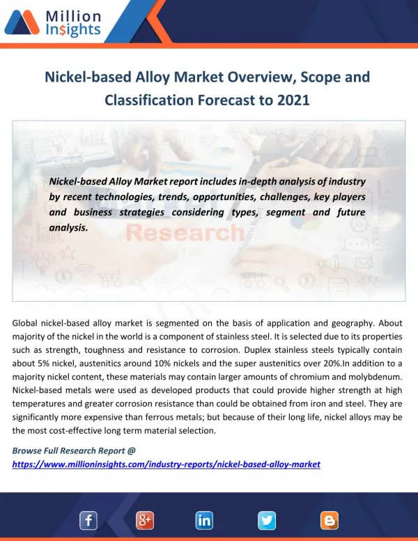 Nickel-based Alloy Market Overview, Scope and Classification Forecast to 2021