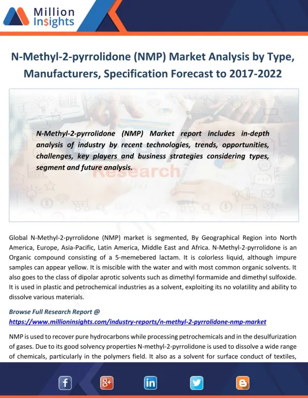 N-Methyl-2-pyrrolidone (NMP) Market Analysis by Type, Manufacturers, Specification Forecast to 2017-2022