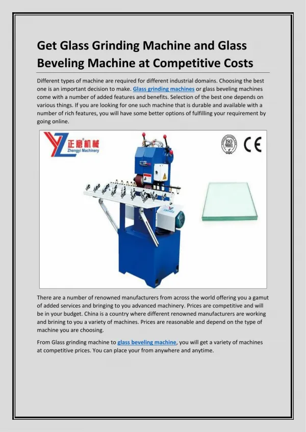 Get Glass Grinding Machine and Glass Beveling Machine at Competitive Costs