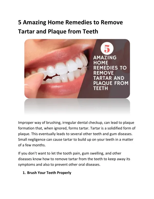 5 Amazing Home Remedies to Remove Tartar and Plaque from Teeth