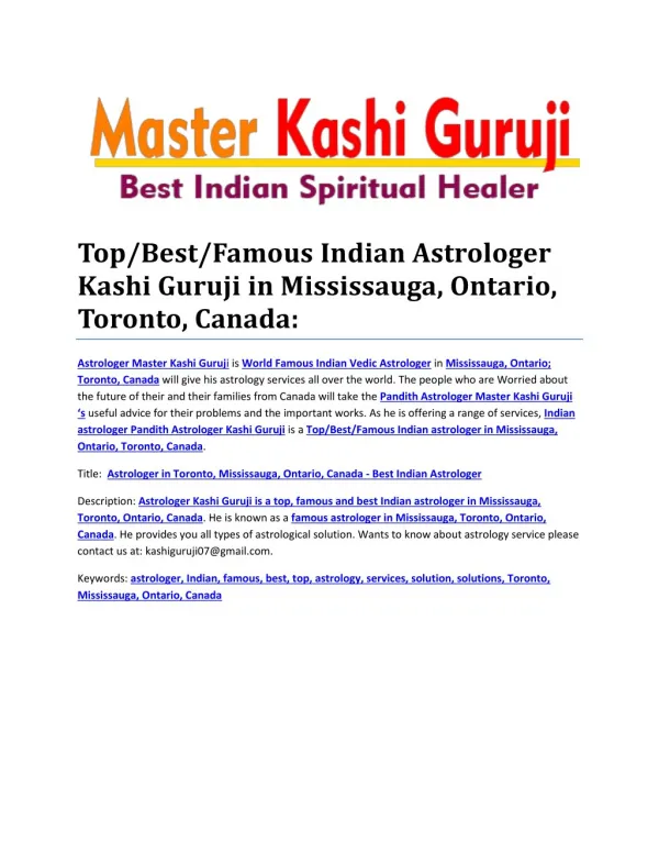 Kashi Astrologer - Top/Best/Famous Indian in Mississauga, Ontario, Toronto, Canada: