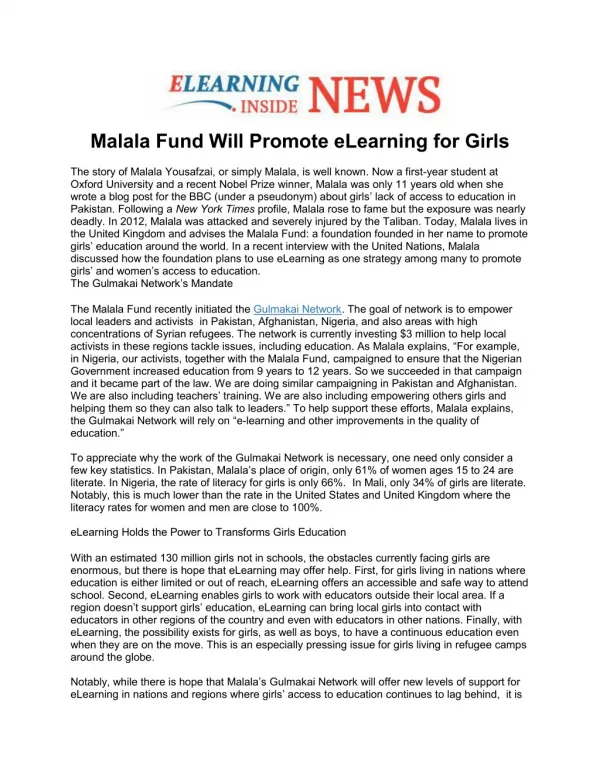 Malala fund will promote elearning for girls