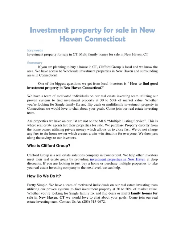 Investment property for sale in New Haven Connecticut