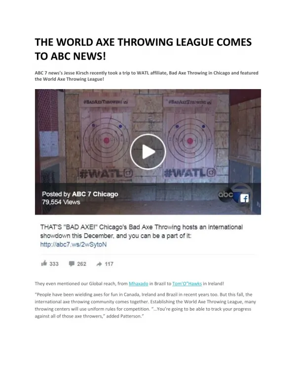 THE WORLD AXE THROWING LEAGUE COMES TO ABC NEWS!
