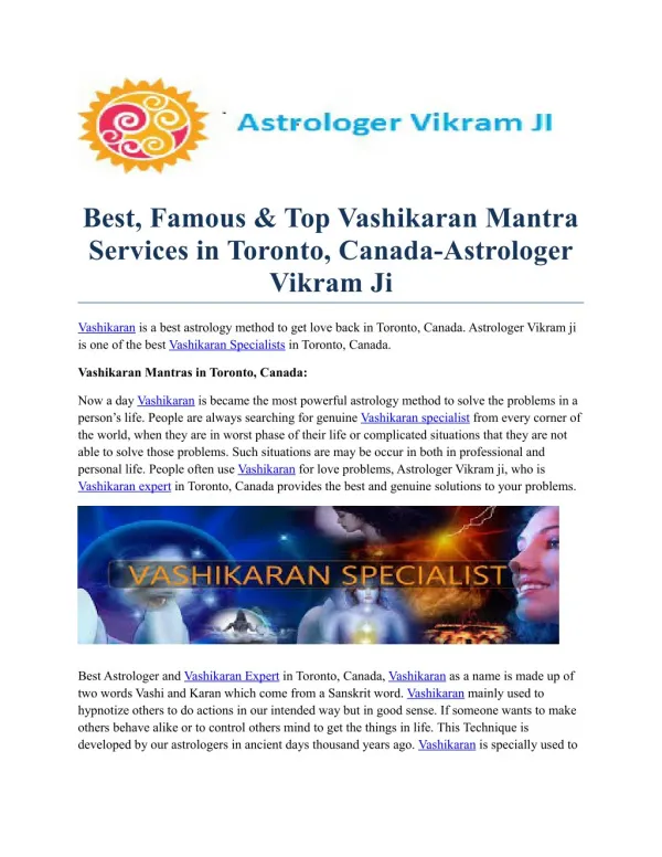 Vashikararan Specialist & Expert in Toronto,Canada-Astrologer Vikram ji