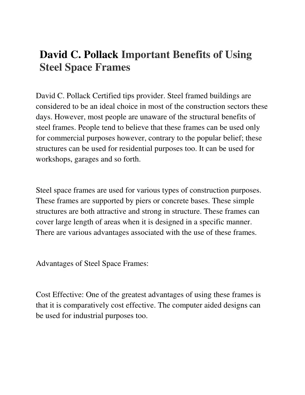 david c pollack important benefits of using steel
