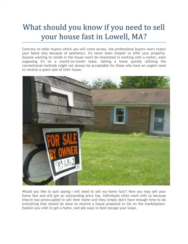 Need to sell my house fast lowell ma