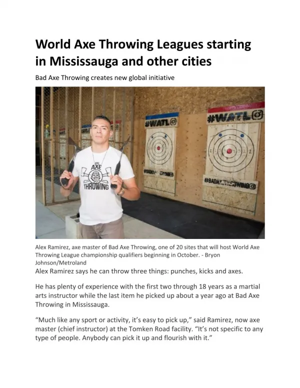 World Axe Throwing Leagues starting in Mississauga and other cities