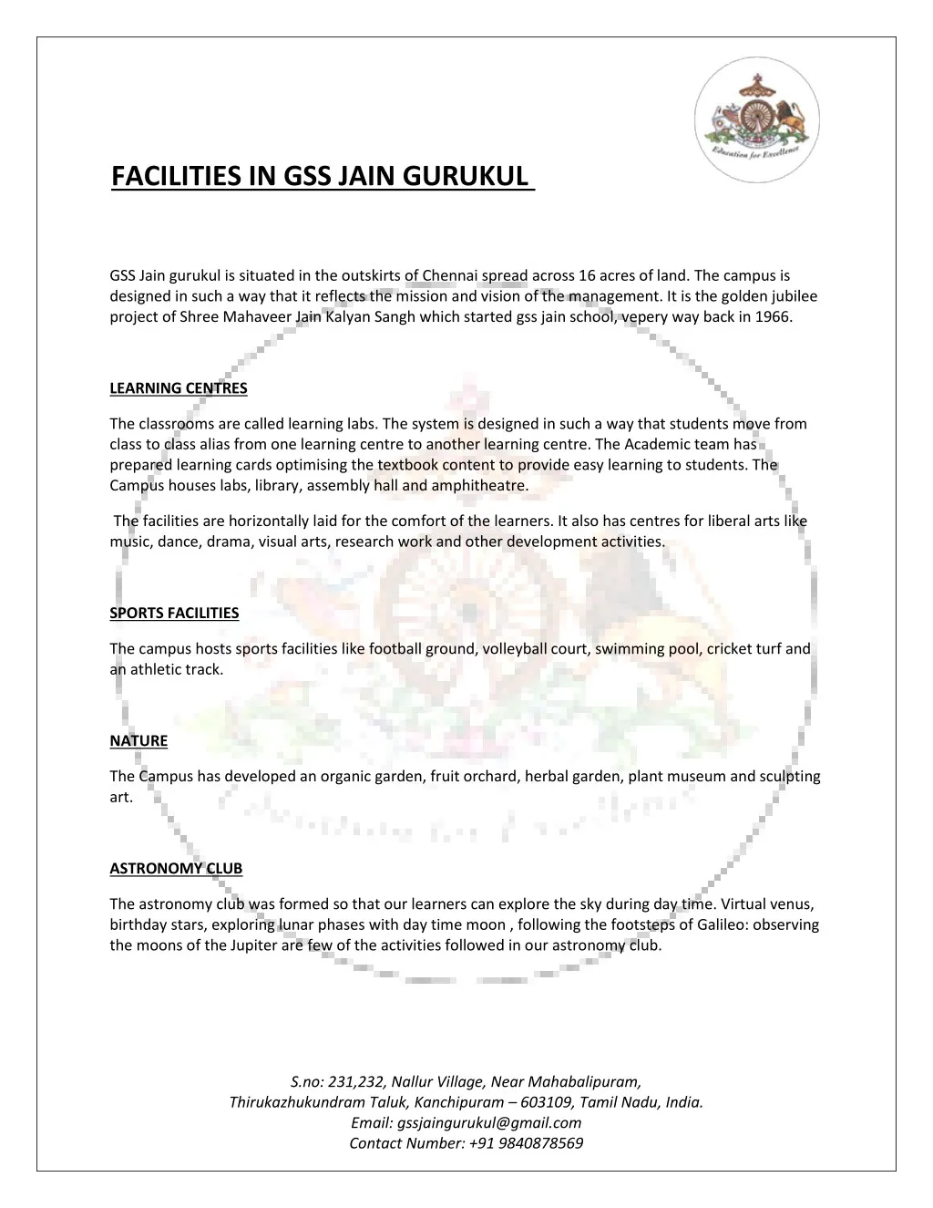 facilities in gss jain gurukul