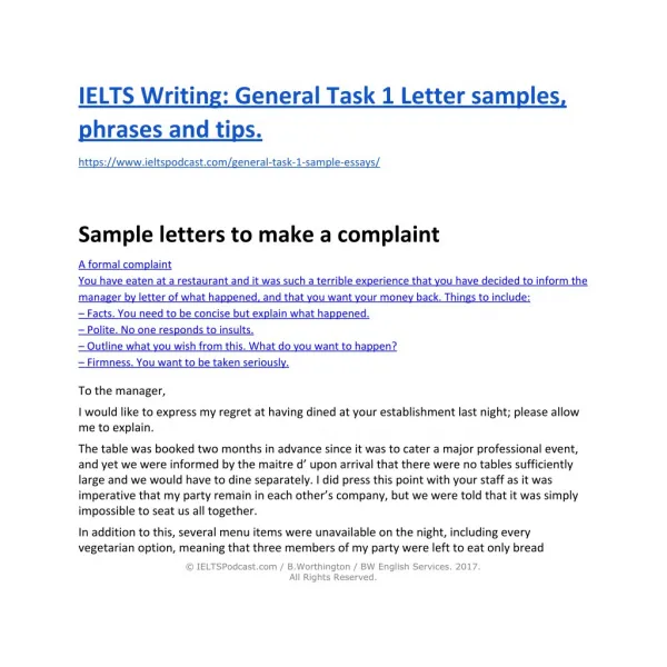 IELTS Writing General Task 1 Sample Letters and Phrases