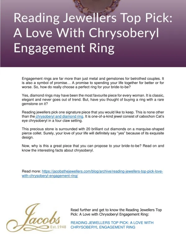 Reading Jewellers Top Pick: A Love With Chrysoberyl Engagement Ring