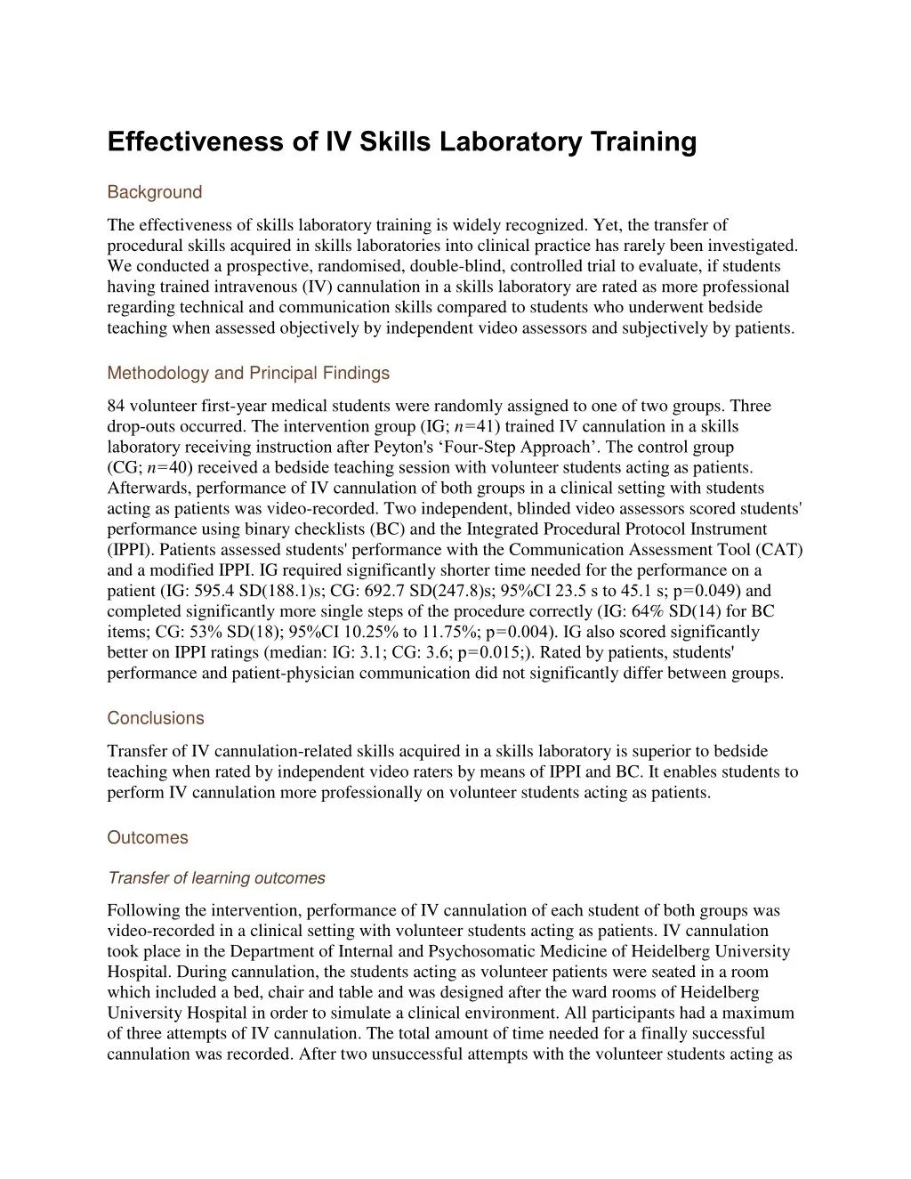 effectiveness of iv skills laboratory training