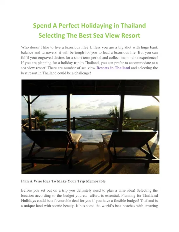 Spend A Perfect Holidaying in Thailand Selecting The Best Sea View Resort