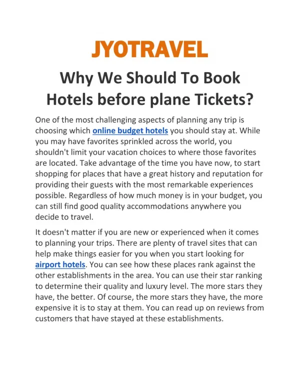 Why We Should To Book Hotels Before plane Tickets?