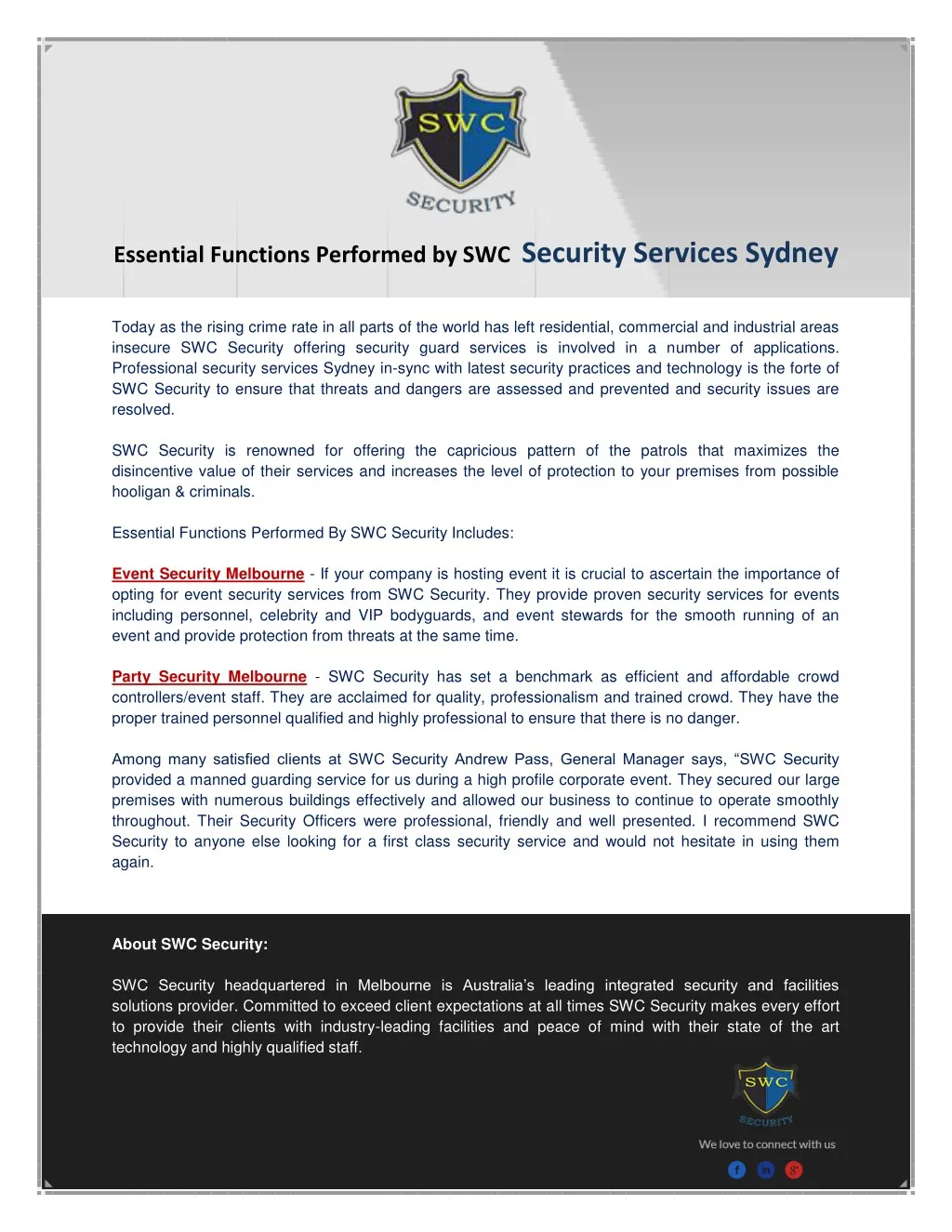 essential functions performed by swc security