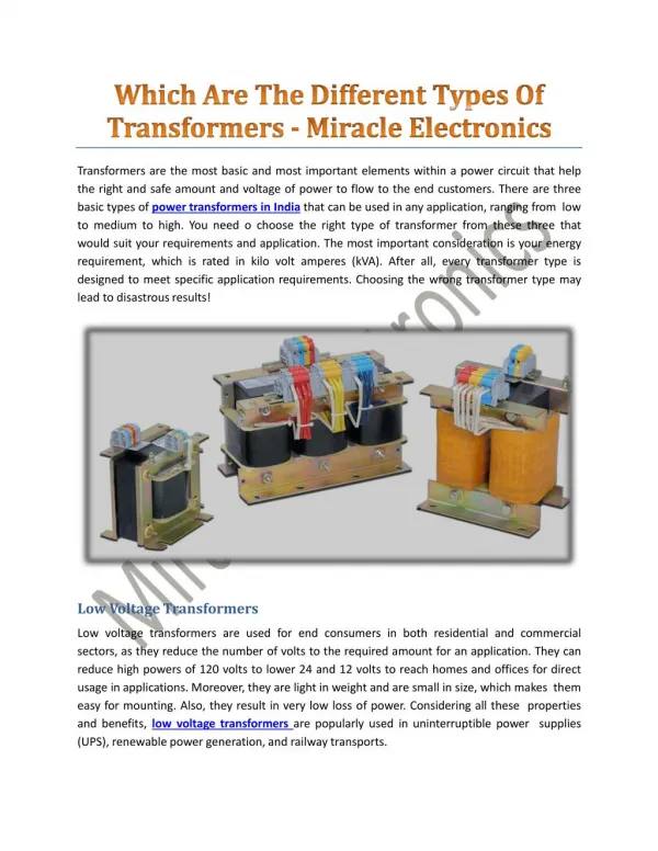 Which Are The Different Types Of Transformers - Miracle Electronics