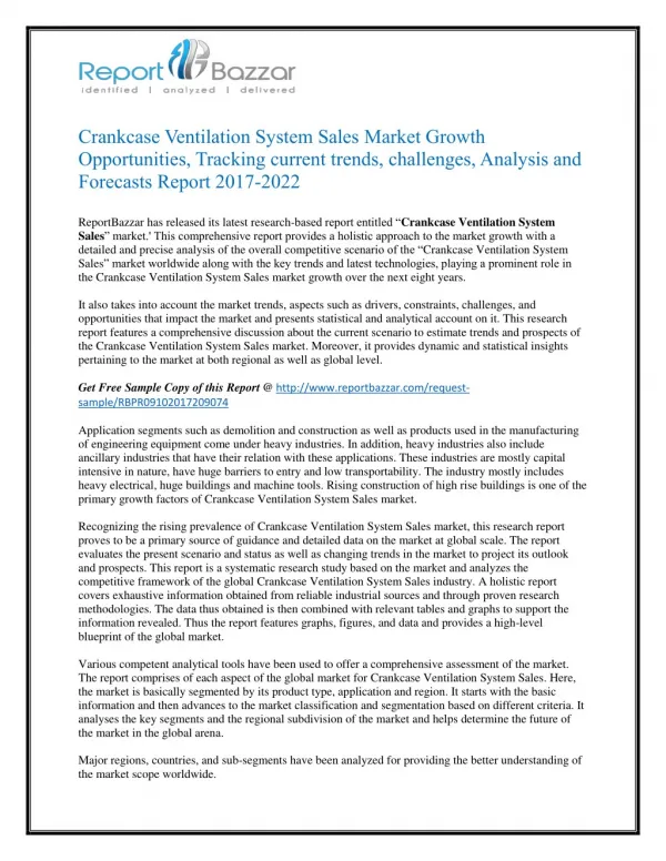 Crankcase Ventilation System Sales Market 2022 - Opportunities, Challenges, Strategies, Industry Verticals and Forecasts