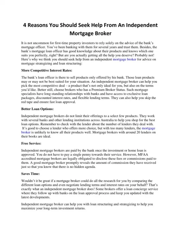 4 Reasons You Should Seek Help From An Independent Mortgage Broker
