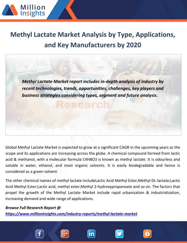 Methyl Lactate Market Analysis by Type, Applications, and Key Manufacturers by 2020