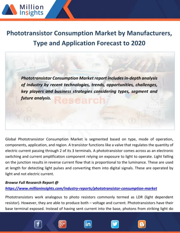 Phototransistor Consumption Market by Manufacturers, Type and Application Forecast to 2020
