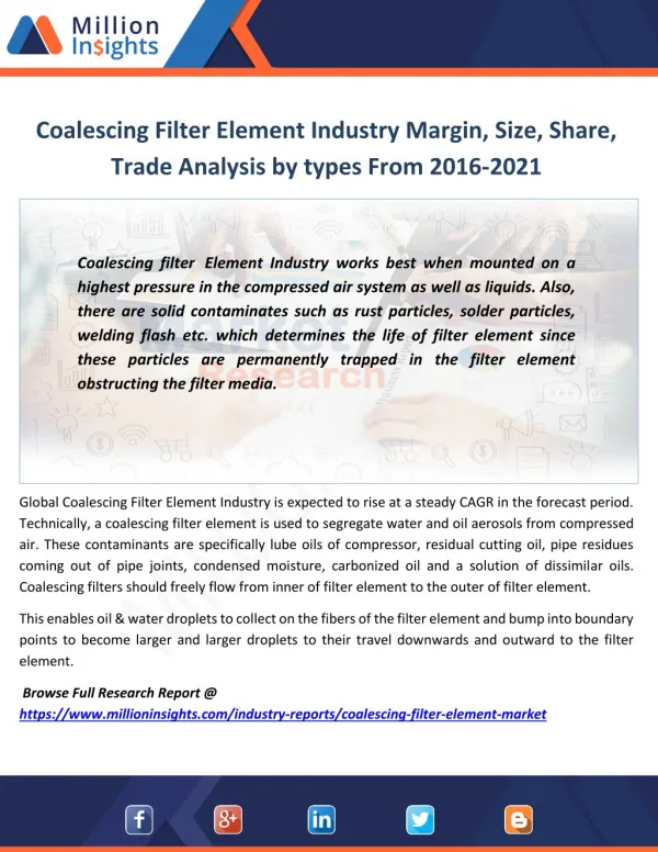 Coalescing Filter Element Market Manufacturing Cost Structure, Price, Size, Sales From 2016-2021