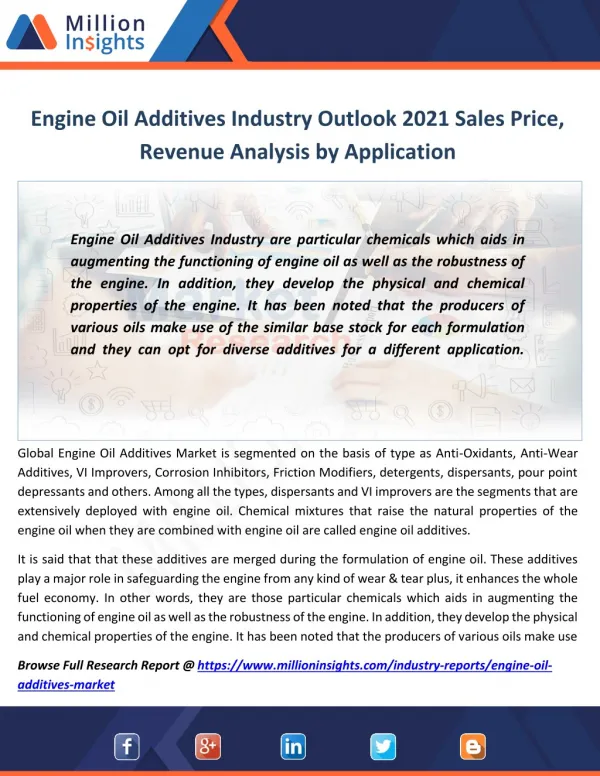 Engine Oil Additives Market key Player, Size, Share, Import-Export Analysis to 2021