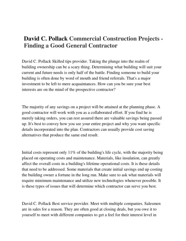 David C. Pollack Commercial Construction Financing - What's in a Good Construction Loan Package
