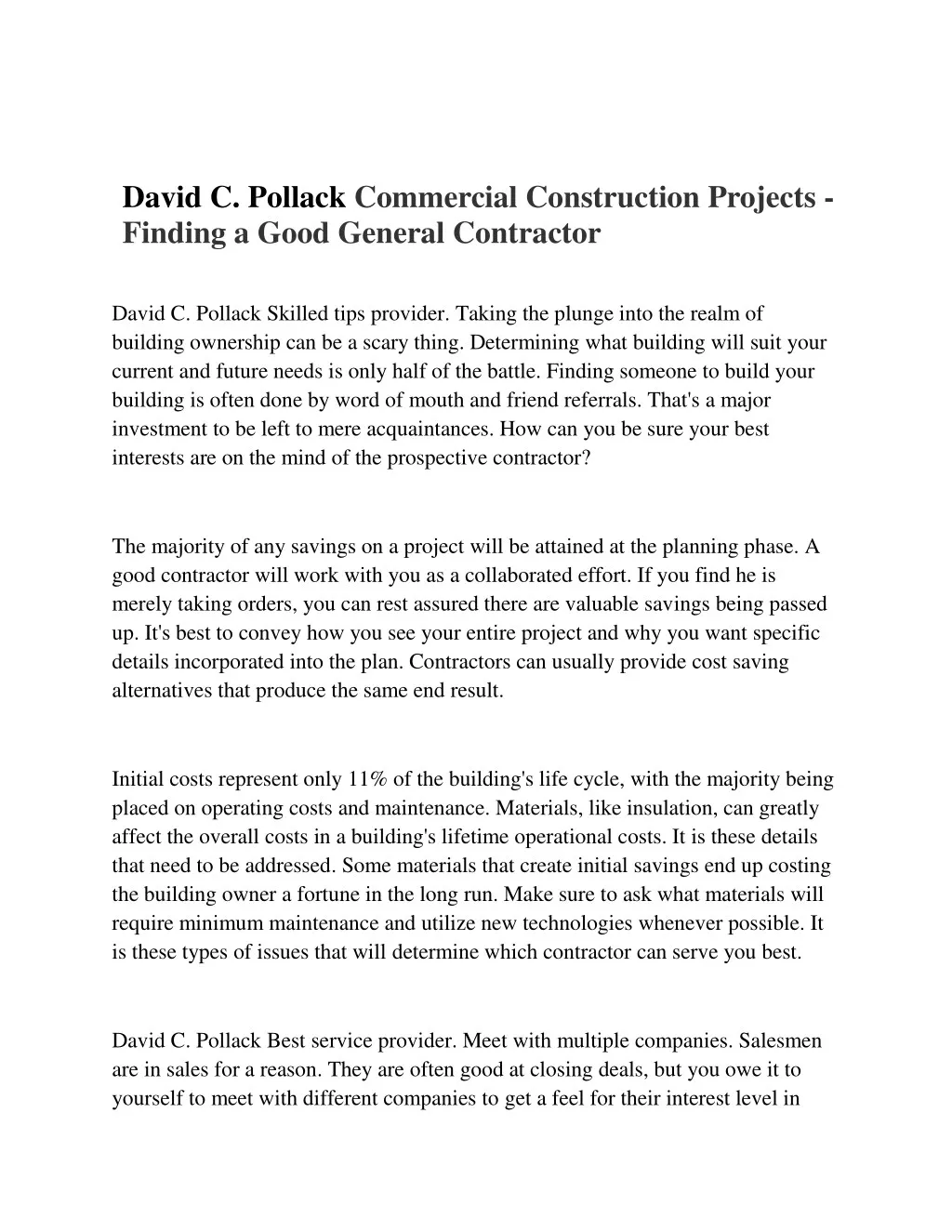 david c pollack commercial construction projects