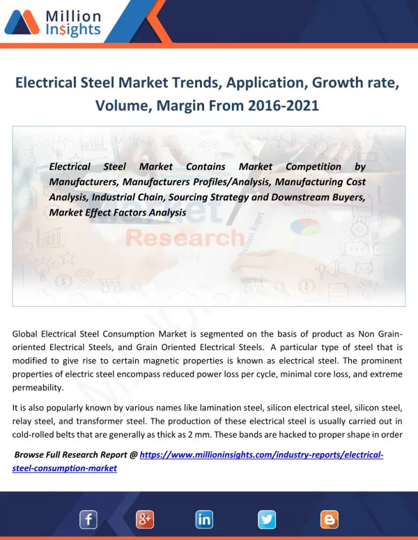 Electrical Steel Industry Revenue Analysis, Growth rate, Margin, Key player to 2021