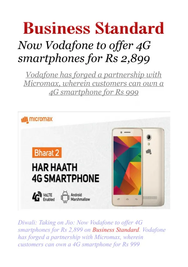 Now Vodafone to offer 4G smartphones for Rs 2,899