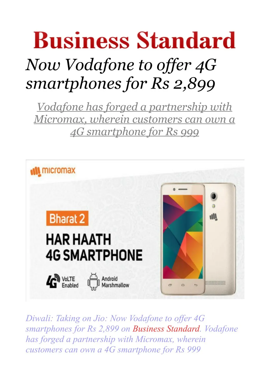 now vodafone to offer 4g smartphones for rs 2 899