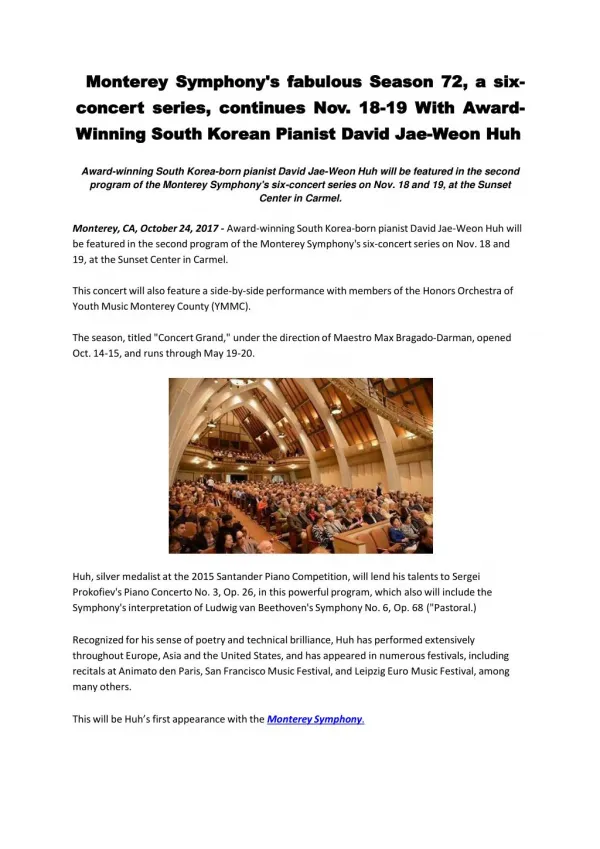 Monterey Symphony's fabulous Season 72, a six-concert series, continues Nov. 18-19 With Award-Winning South Korean Piani