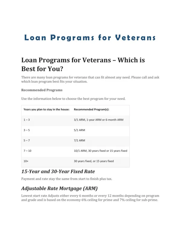 Loan Programs for Veterans
