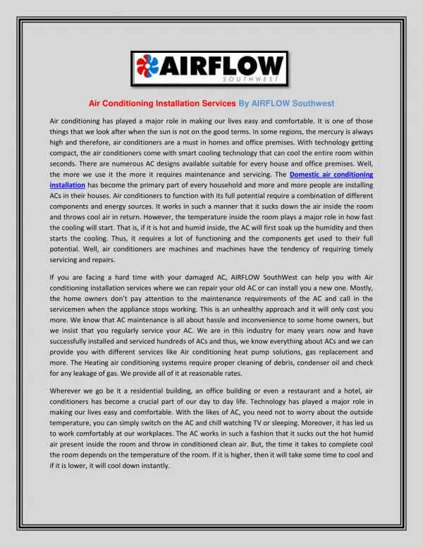 Air Conditioning Installation Services By AIRFLOW Southwest- Airflow Southwest