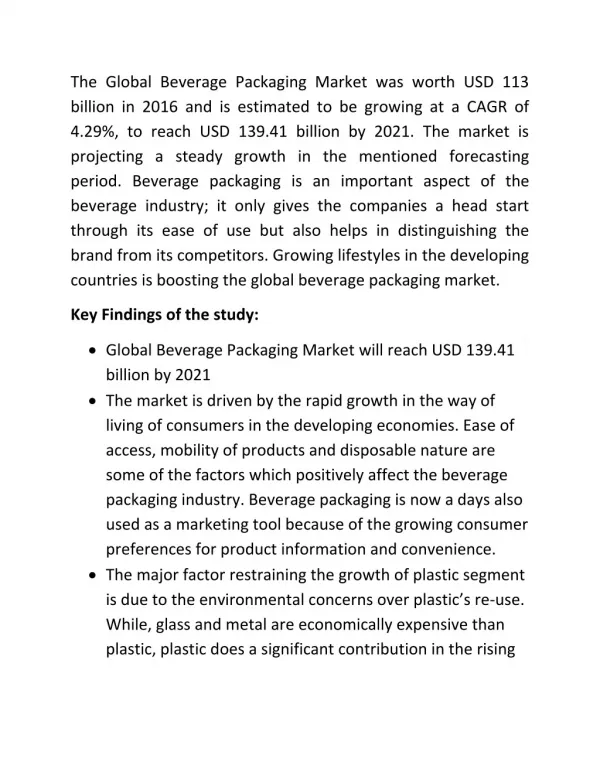 Beverage Packaging Market Size to Reach USD 139.41 billion by 2021