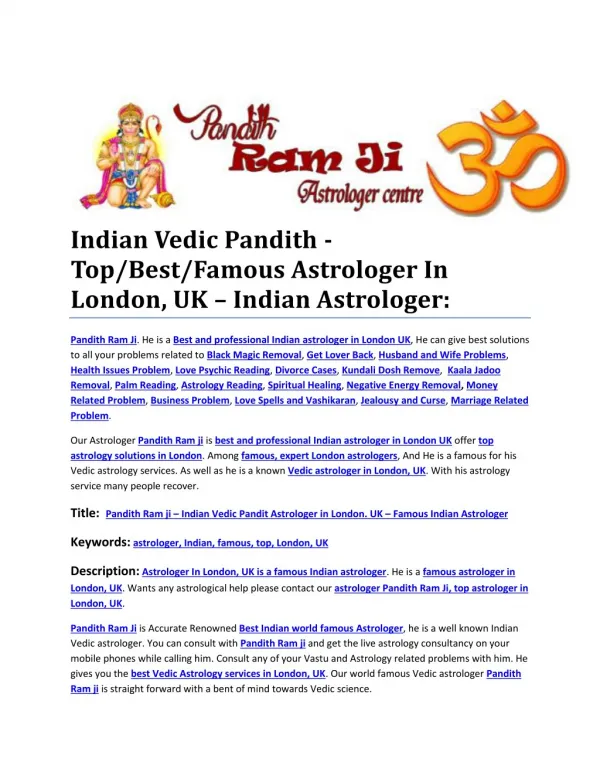 Indian Vedic Pandith - Top/Best/Famous Astrologer In London, UK – Indian Astrologer: