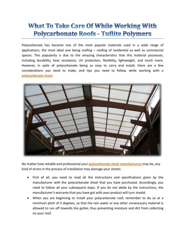 What To Take Care Of While Working With Polycarbonate Roofs - Tuflite Polymers