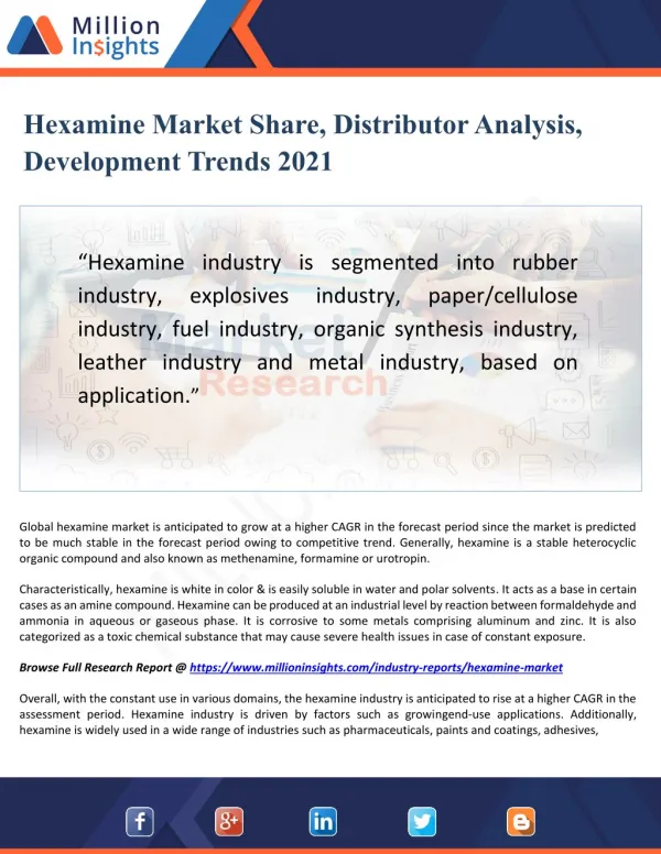 Hexamine Market Share, Distributor Analysis, Development Trends 2021